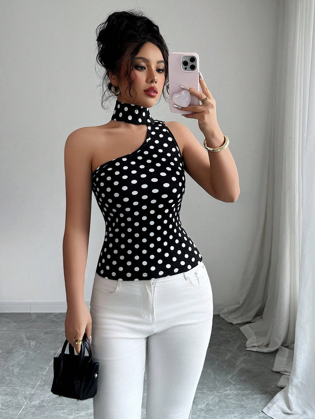 Women's Blouse with Polka Dot Design, Print and Lace Fitted